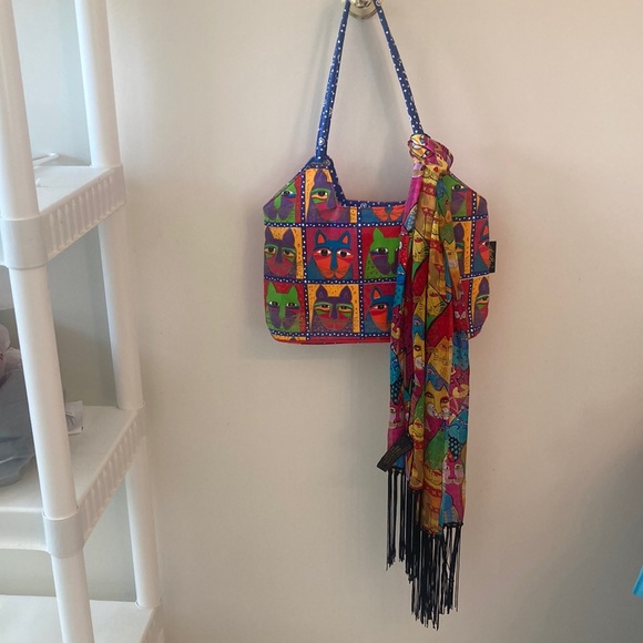 Laurel Burch Handbags - Laurel Burch Signed & Matching Handbag, Charm And Silk Scarf